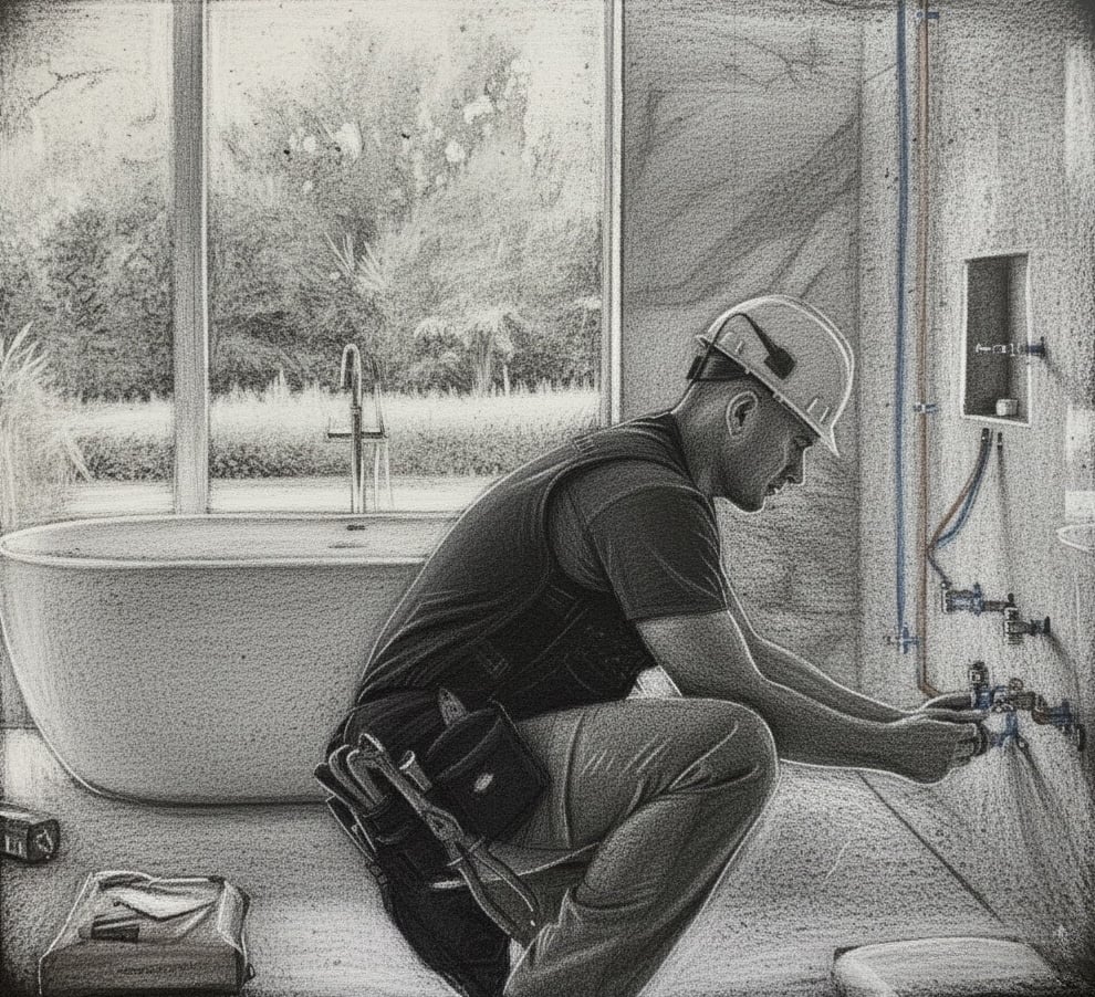 Skilled plumber installing bathroom plumbing system with professional expertise and precision