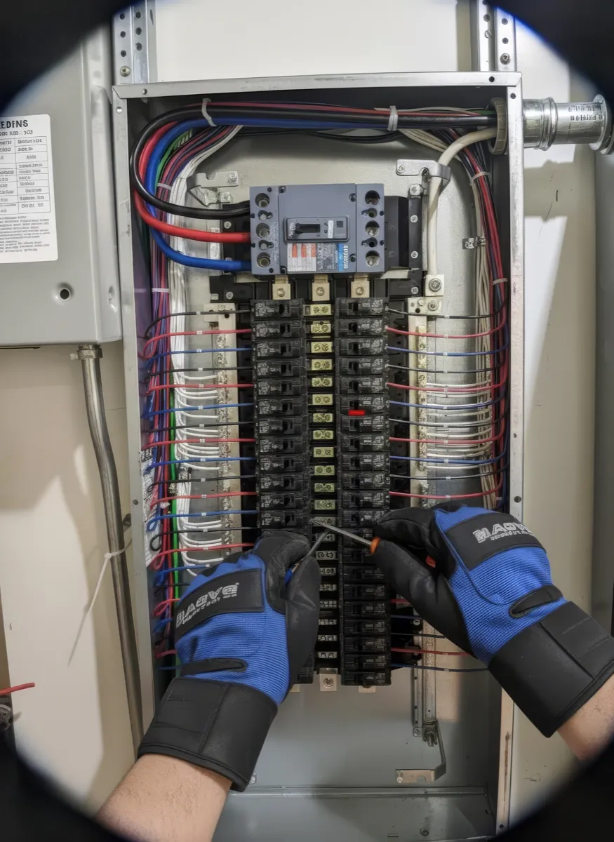 First-person view of electrical panel work