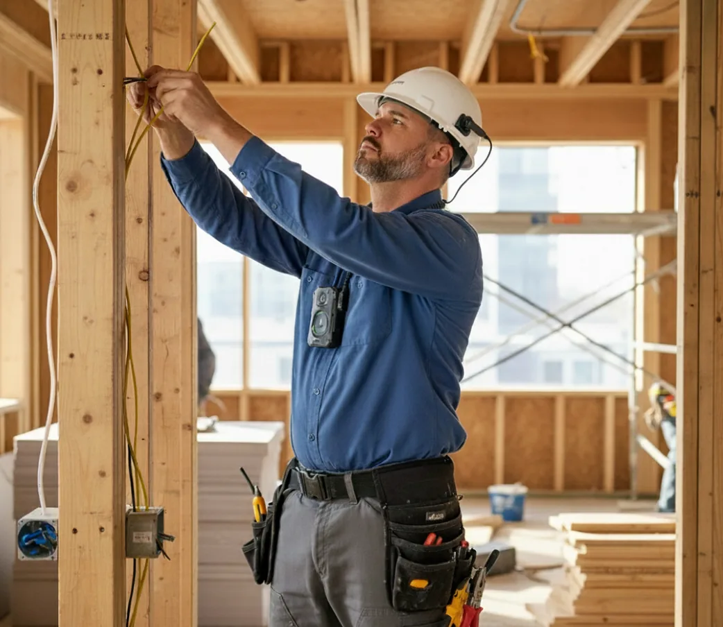 Skilled electrician performing professional electrical work from first-person perspective