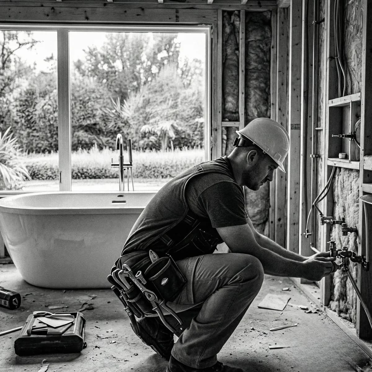 Plumber working in a bathroom